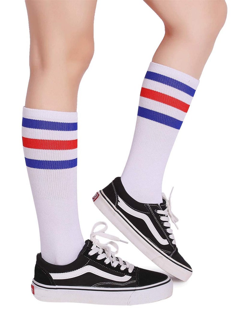 Pareberry Classic Triple Stripes Soft Cotton On the Calf Retro White Tube Socks (A-pair(Blue/Red/White)) - Image 3